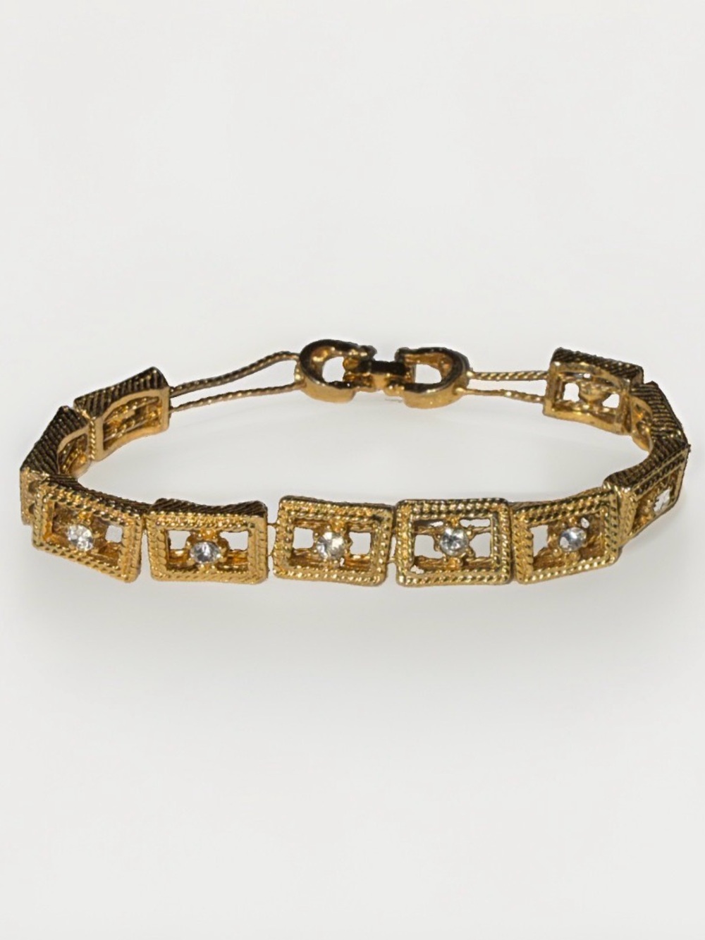 Vintage Gold Tone Square Link Bracelet with Clear Stones